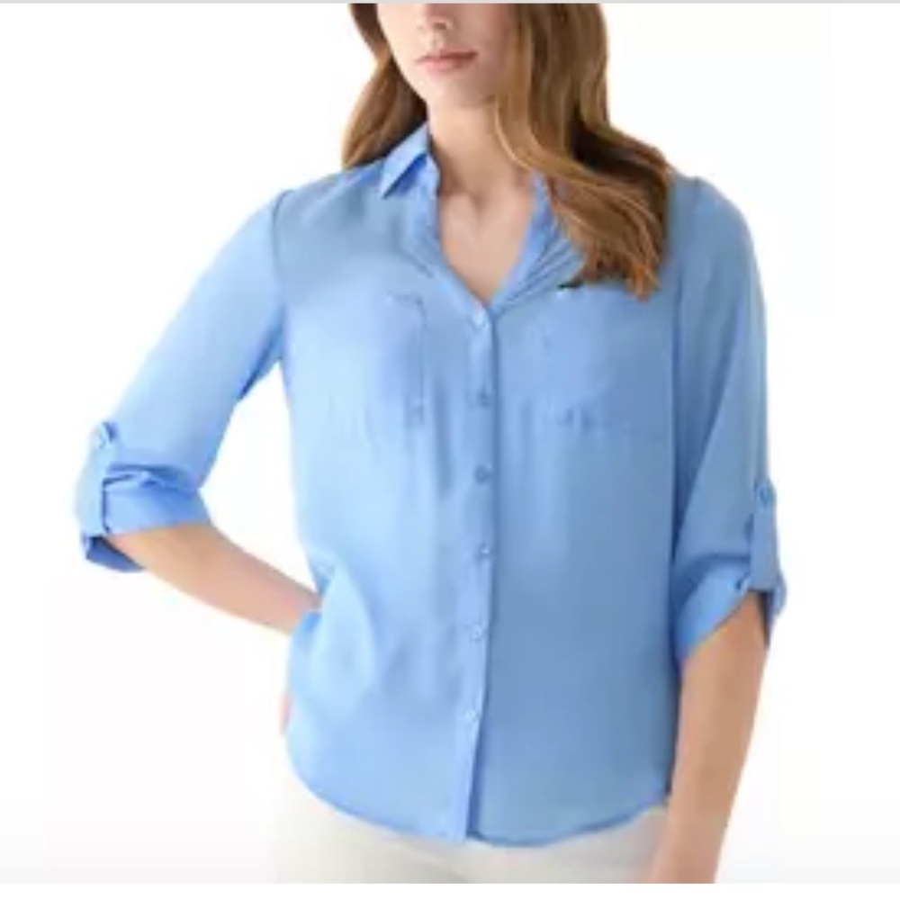 IZ Byer Casual 3/4 Sleeve Button Down Blouse light blue Size Mediium